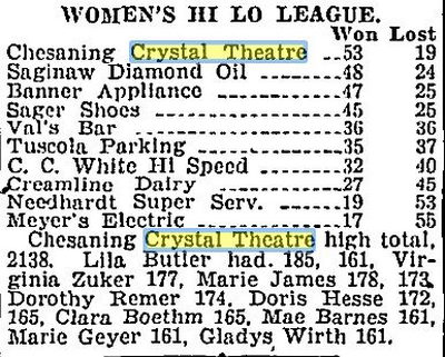 Mar 1946 bowling result Crystal Theater, Chesaning